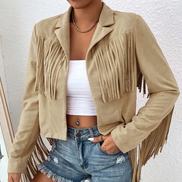MODA ME COUTURE Jackets & Blazers - Boho Fringe Trim Open Front Jacket tan